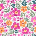 Fantasy seamless floral pattern with light pink and yellow flowers and leaves on a white background.